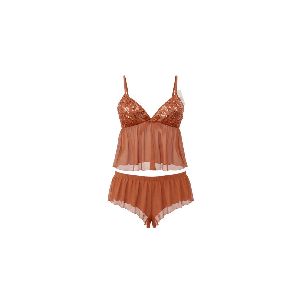 Designed in LA Babydoll Set Womens L Autumn Orange Sequin Lace Mesh 22154